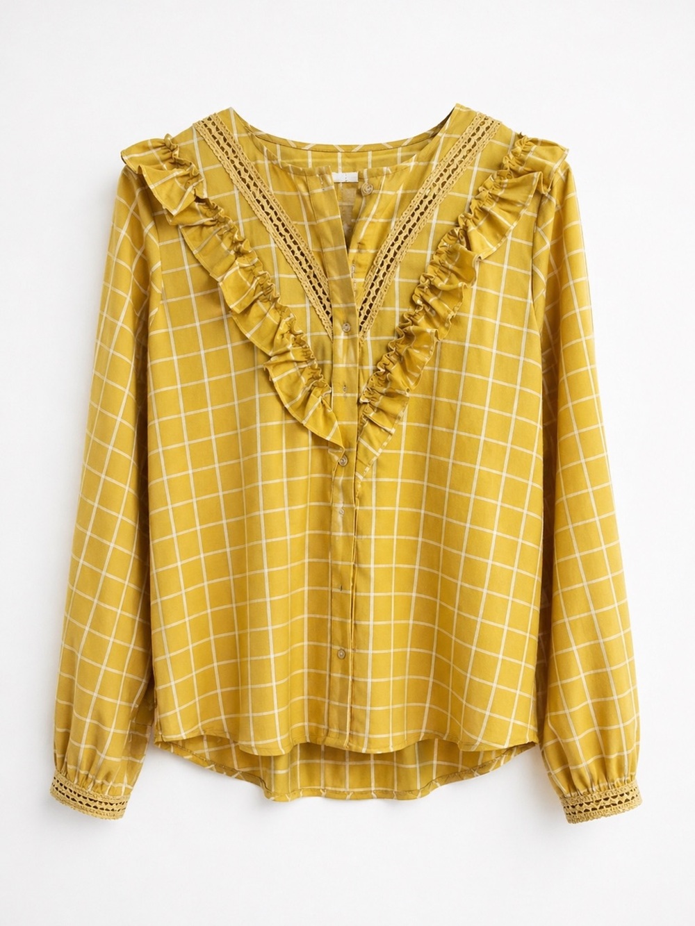 The Shirt Rochelle Behrens Yellow Windowpane Ruffle Trim Long Sleeve Blouse